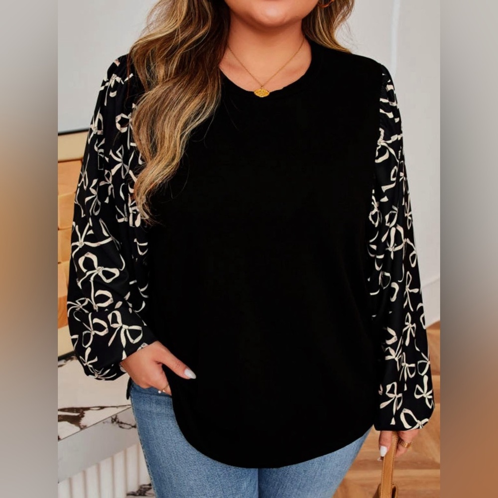 Black Floral-Sleeve Women's Blouse - Comfort Fit
